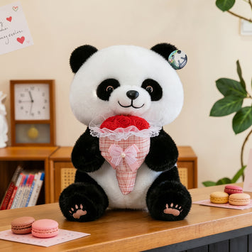 Cute Giant Panda Plush Toy Holding Flowers Soft Stuffed Animal Doll Romantic Gift for Girlfriend and Friends Ornament