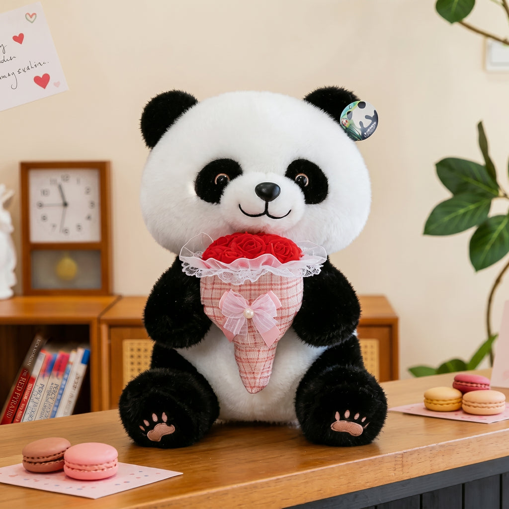 Cute Giant Panda Plush Toy Holding Flowers Soft Stuffed Animal Doll Romantic Gift for Girlfriend and Friends Ornament