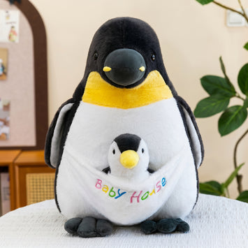 Cute Mother and Baby Penguin Plush Toy Bellyband Doll Soft Comfort Stuffed Animal Birthday Gift for Kids Bedside Decoration